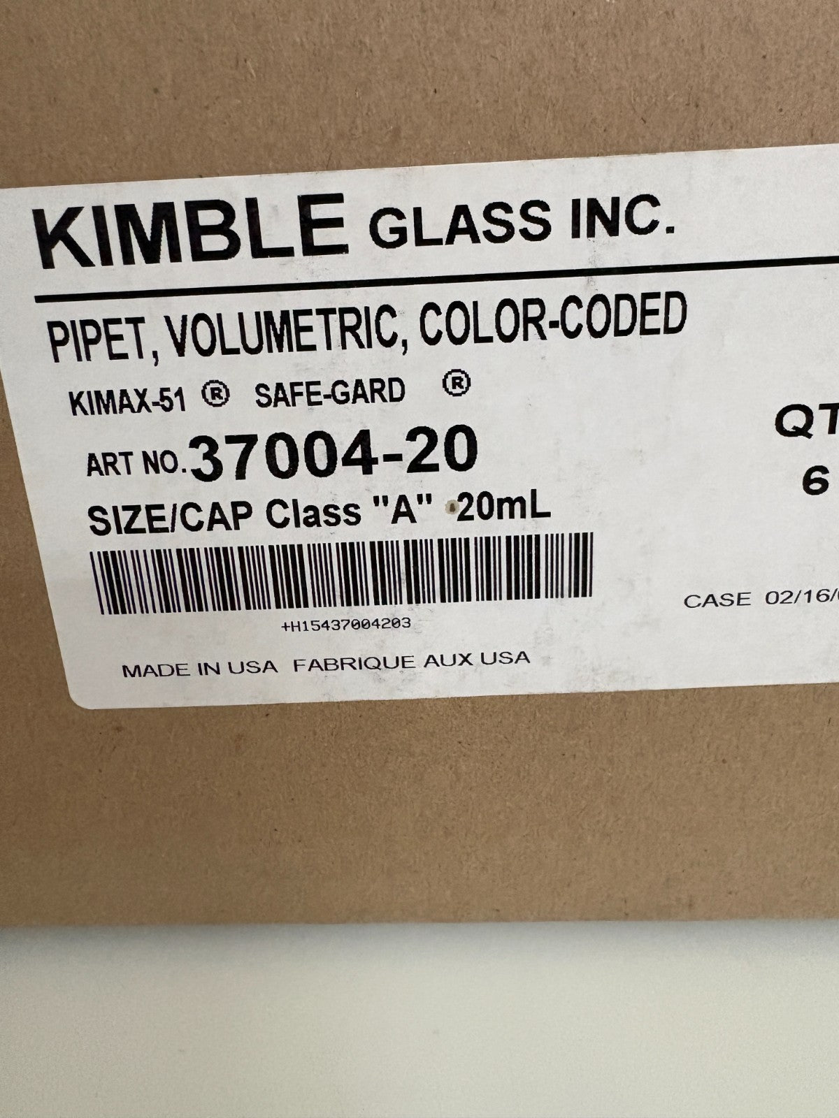 KIMBLE GLASS MIX LOT 6X20ML AND 6X25ML VOLUMETRIC PIPET 37004-20 37004-25