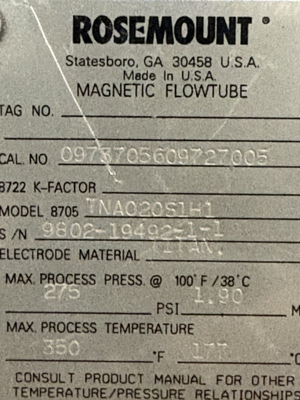 ROSEMOUNT MAGNETIC FLOW TUBE 8705TNA020S1H12