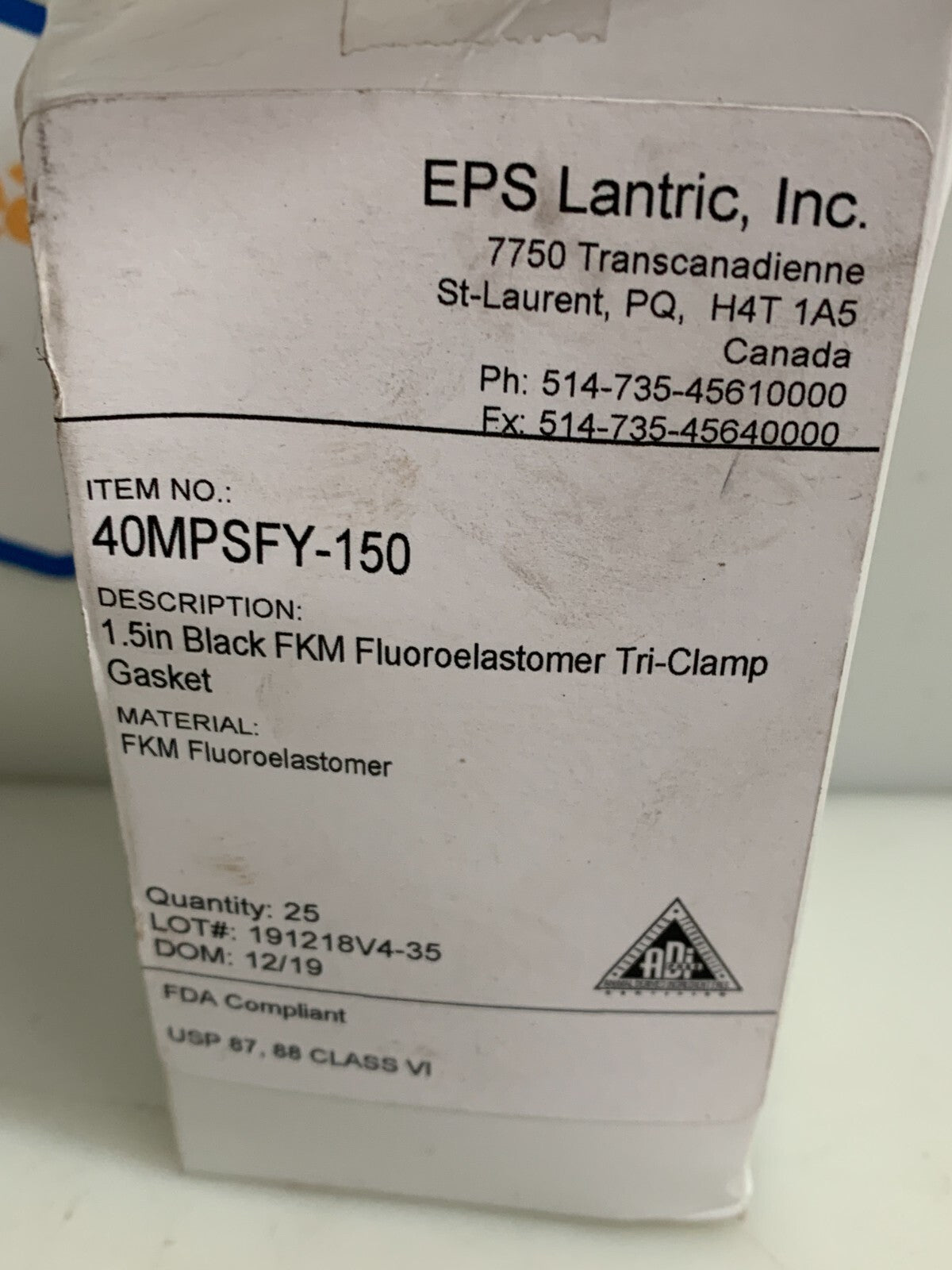 GARLOCK-EPS LANTRIC 40 MPSFY-150 1.5 IN BLACK FLUOROELASTOMER TRI CLAMP