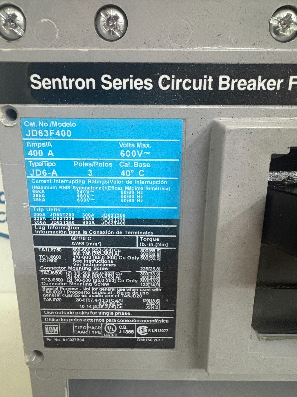 SIEMENS 400 AMP SENTRON CIRCUIT BREAKER JD63F400 2