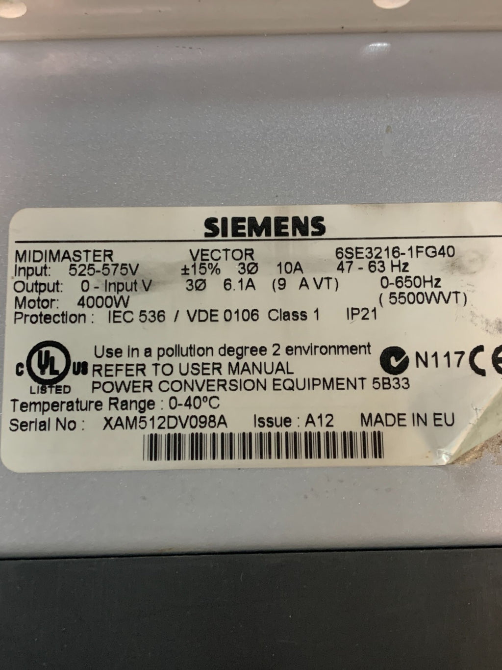 SIEMENS MIDIMASTER VECTOR 6SE3216-1FG40 CONTROL SENSORLESS