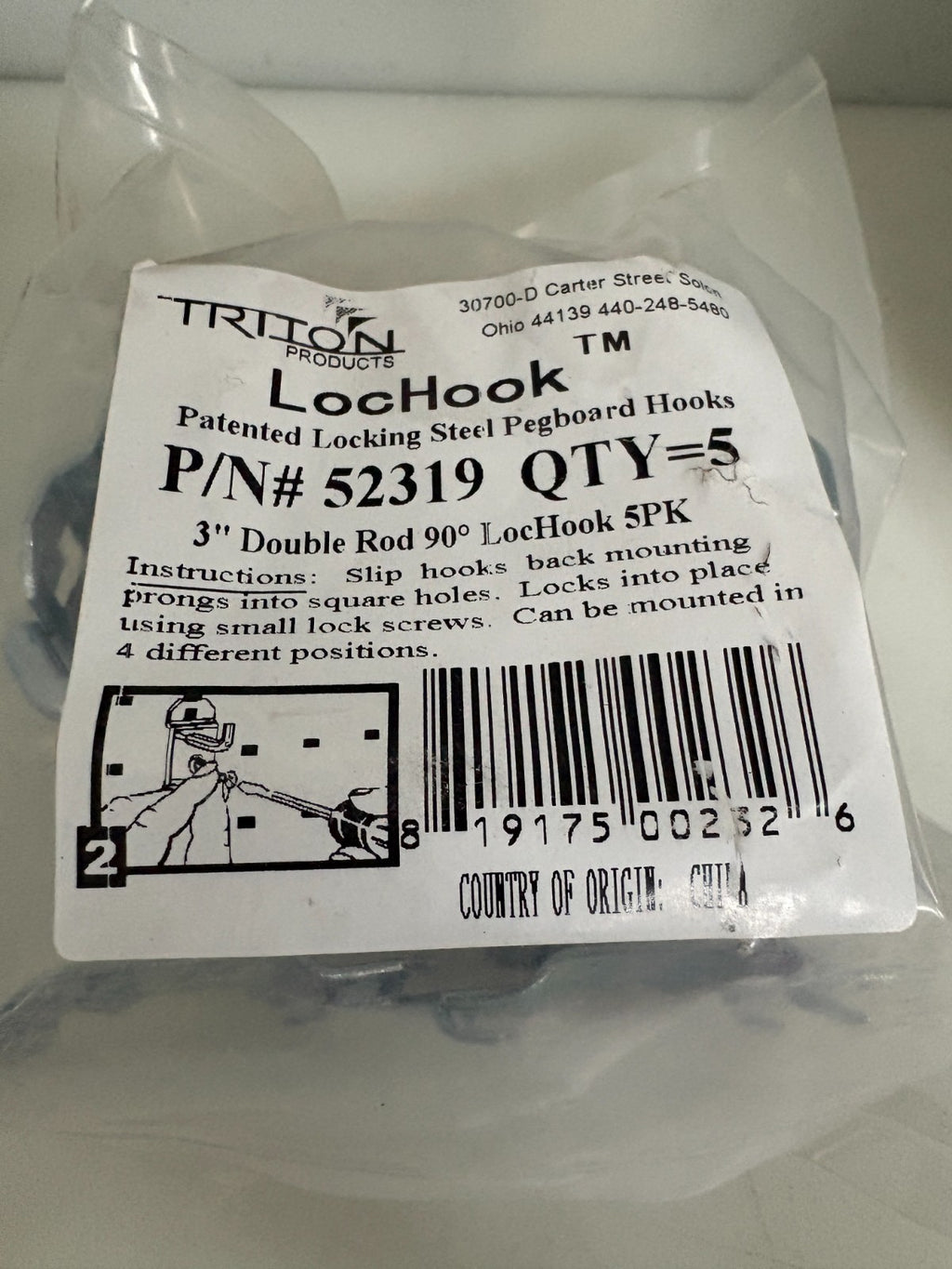 LOT OF 5 TRITON LOC HOOK PEGBOARD HOOKS 52319 BAG OF 51