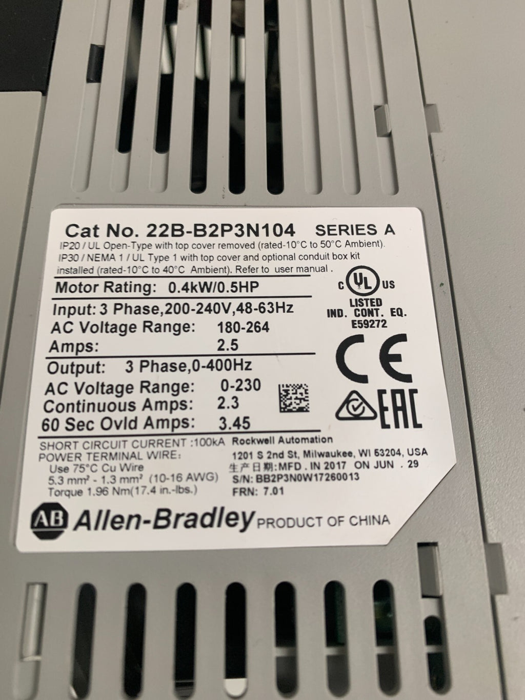 ALLEN BRADLEY POWER FLEX 40 22B-B2P3N104 A2