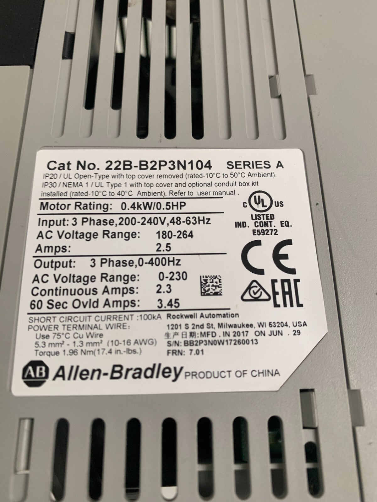 ALLEN BRADLEY POWER FLEX 40 22B-B2P3N104 A2
