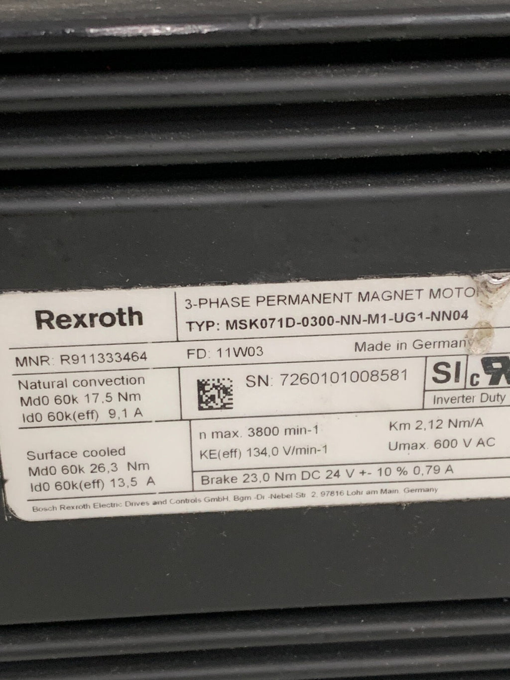 REXROTH PERMANENT MAGNET MOTOR MSK071D-0300-NN-M1-UG1NN04