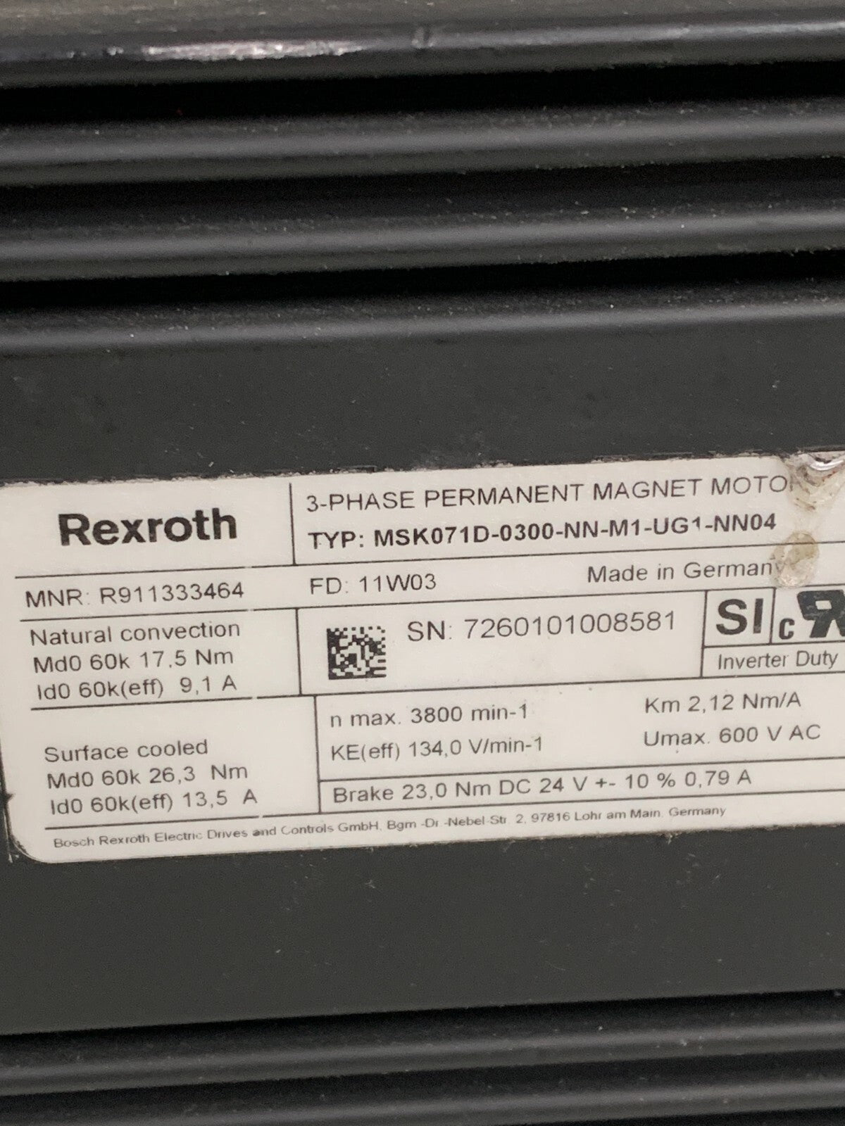 REXROTH PERMANENT MAGNET MOTOR MSK071D-0300-NN-M1-UG1NN04