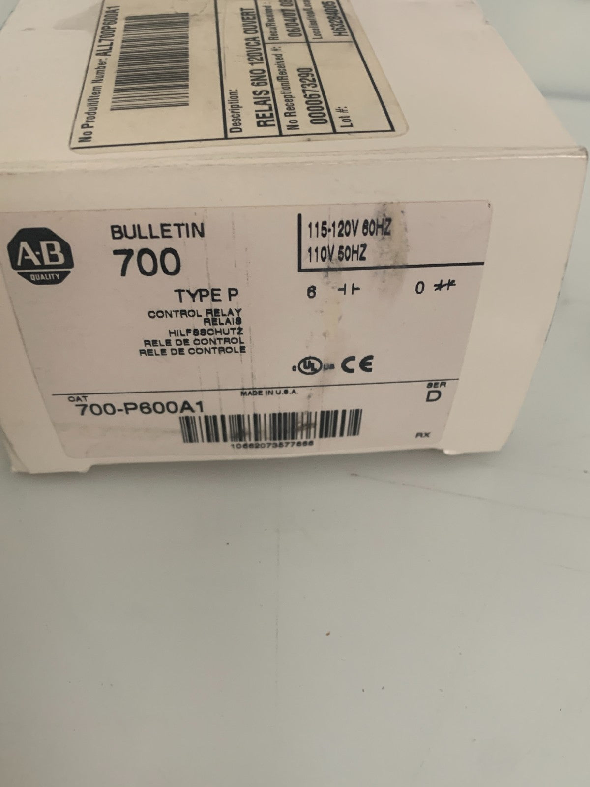 ALLEN BRADLEY CONTROL RELAY TYPE D 700-P600A1 SER D3