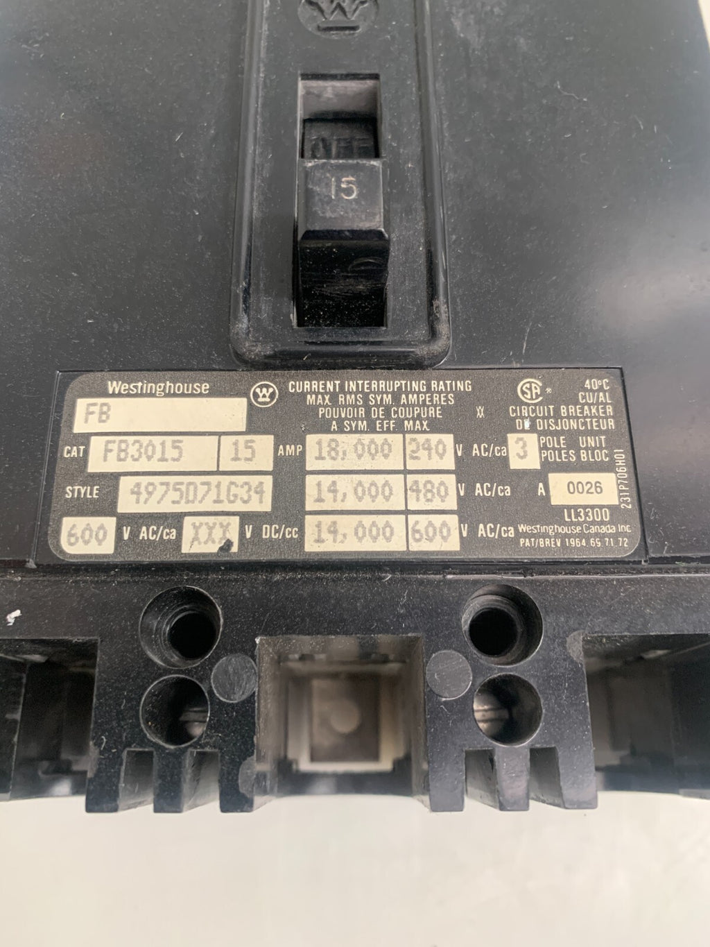 CUTLER HAMMER WESTINGHOUSE FB3015 CIRCUIT BREAKER 15 AMP 600V