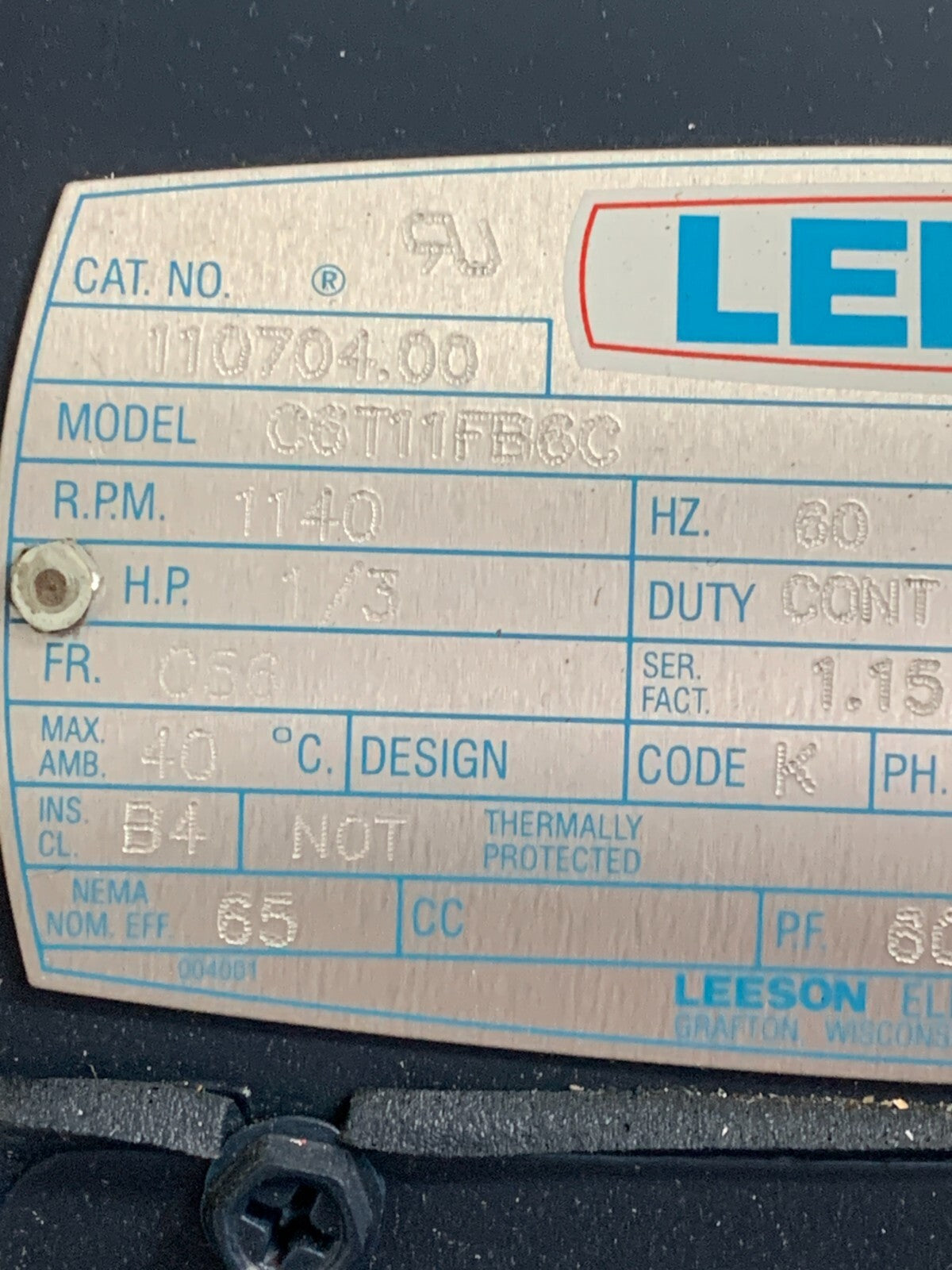 Leeson 1110704.00 C6T11FB6C 1/3 HP 1140 RPM Motor