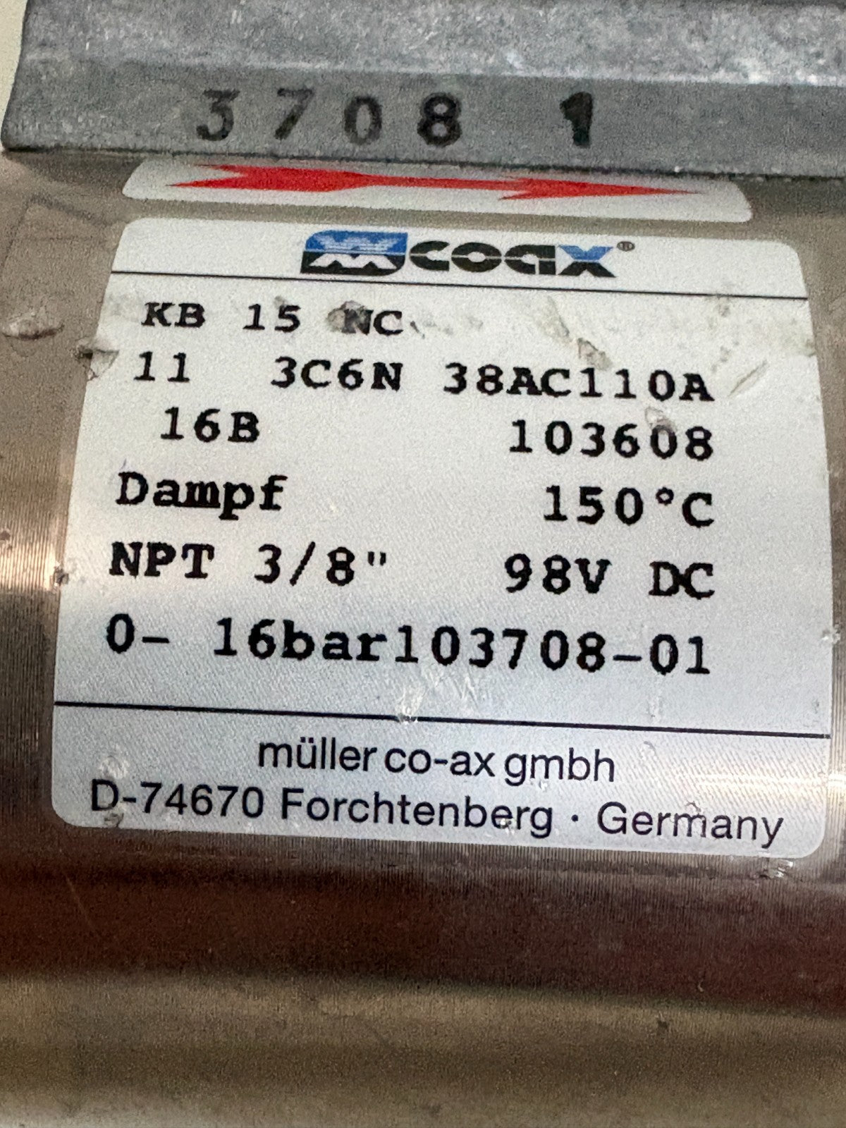 COAX HIGH PRESSURE COAXIAL VALVE KB15NC 0-16 BAR3