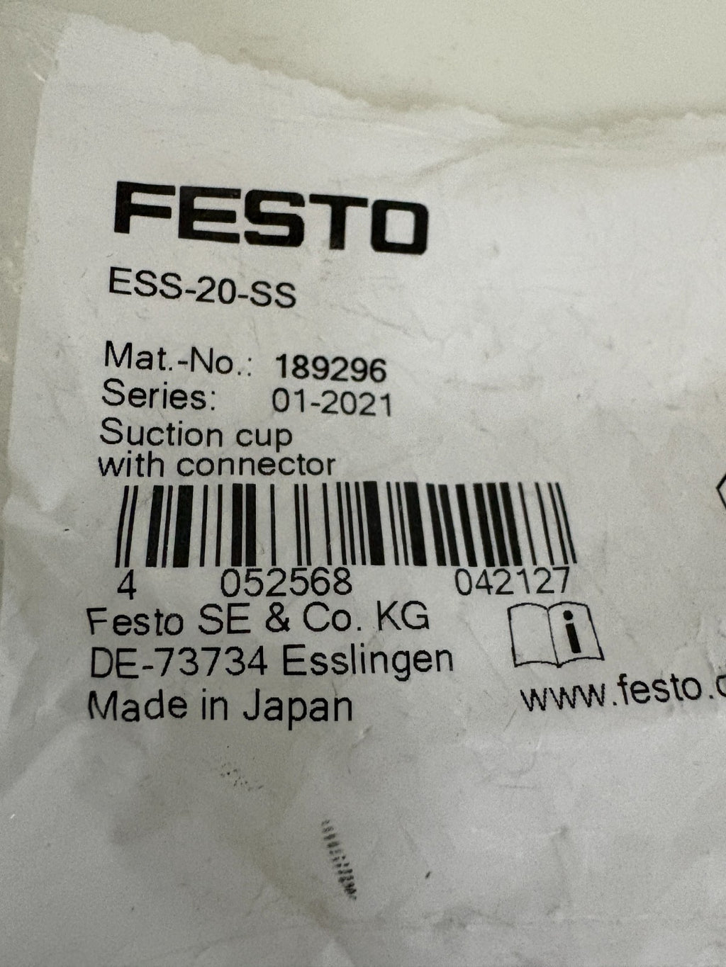 LOT OF 2 FESTO SUCTION CUP W/CONNECTOR ESS-20-SS 1892961