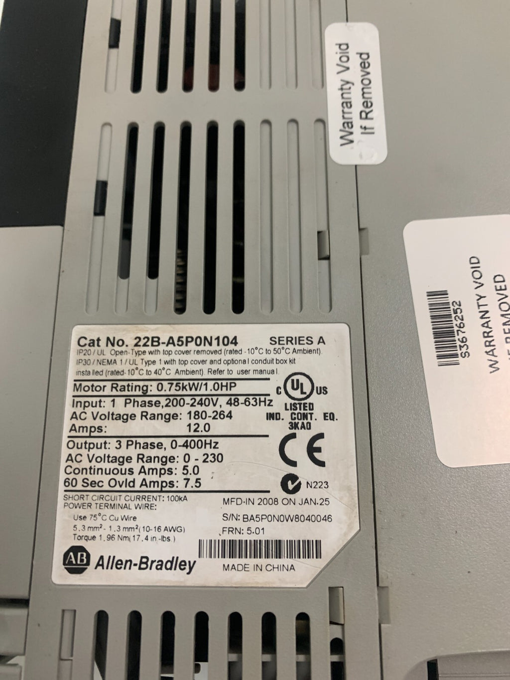 ALLEN BRADLEY POWERFLEX 40 AC DRIVE 22B-A5P0N104 Series A1