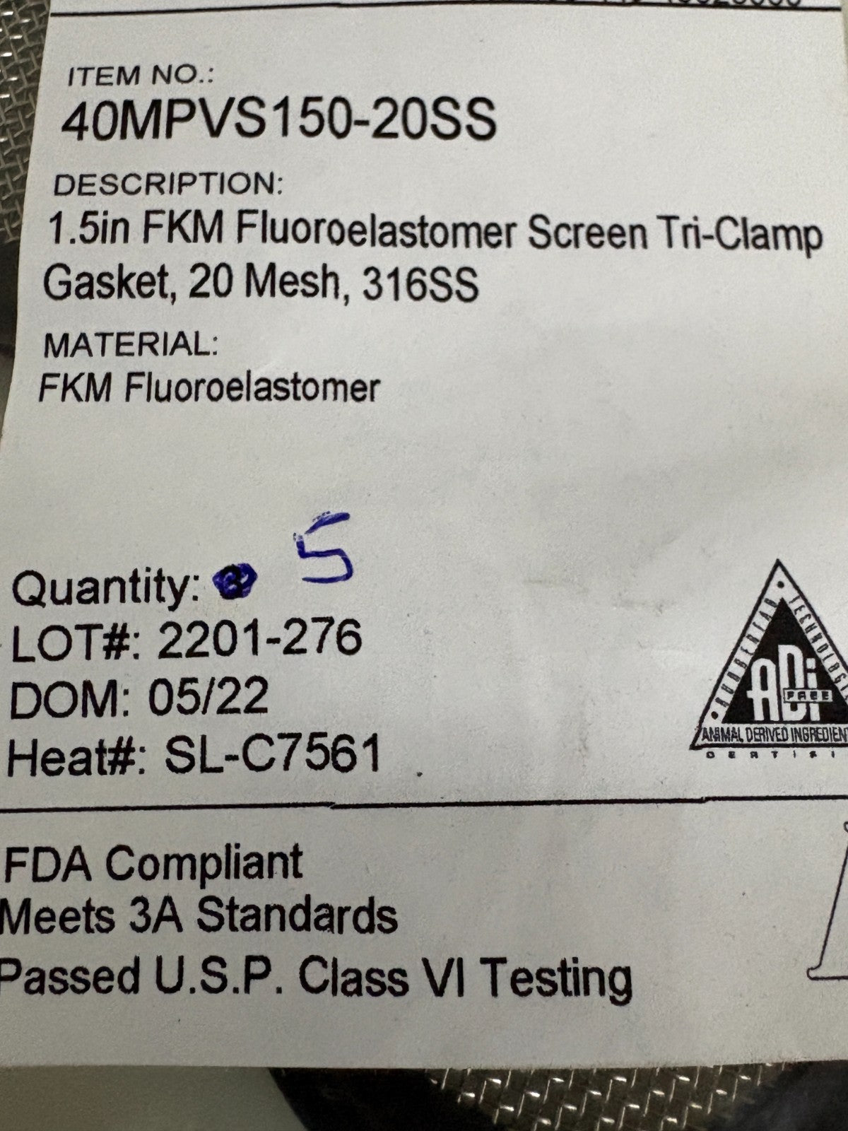 LOT OF 5 ADI 1.5" FKM TRI CLAMP SCREEN GASKET 20 MESH S STEEL 40 MPVS150-20SS
