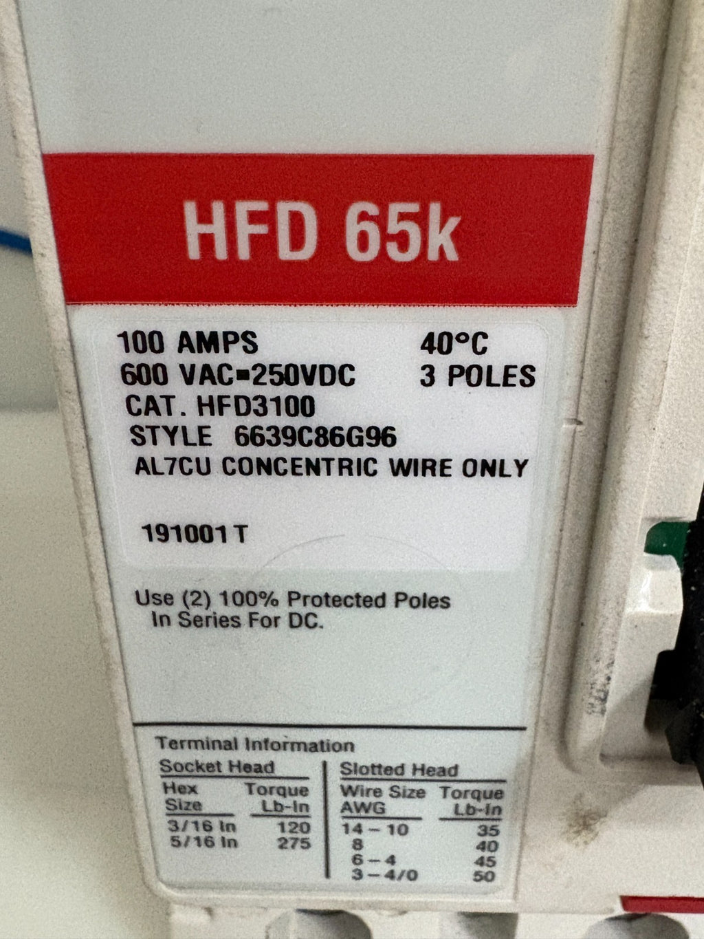 EATON 100 AMP CIRCUIT BREAKER HFD 65K HFD3100