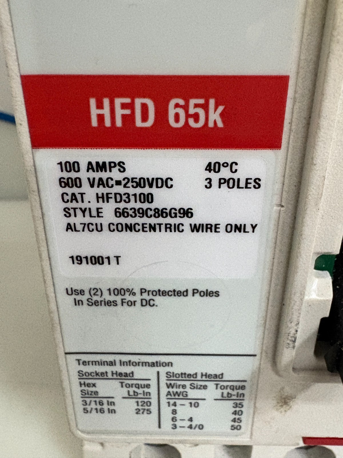 EATON 100 AMP CIRCUIT BREAKER HFD 65K HFD3100