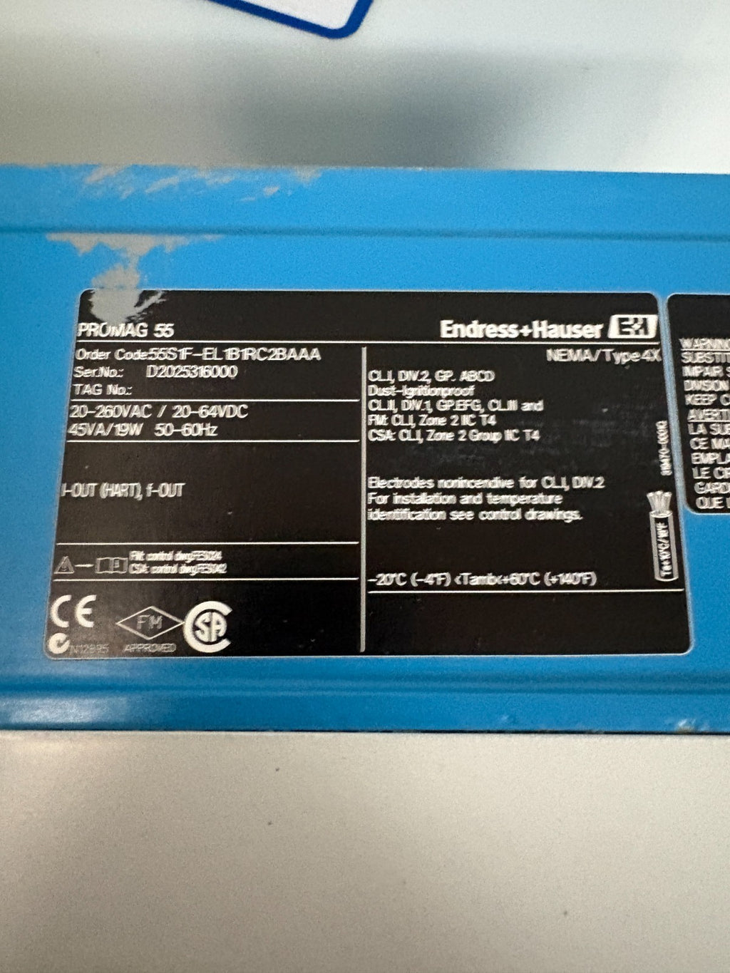 ENDRESS & HAUSER PROMAG 55 FLOWMETER 55S1F-EL1B1RC2BAAA