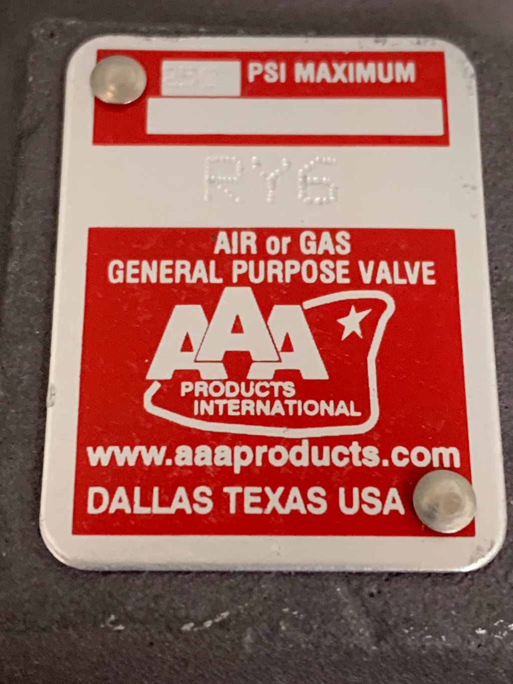 AAA PRODUCTS AIR & GAS VALVE 250 PSI #RY63