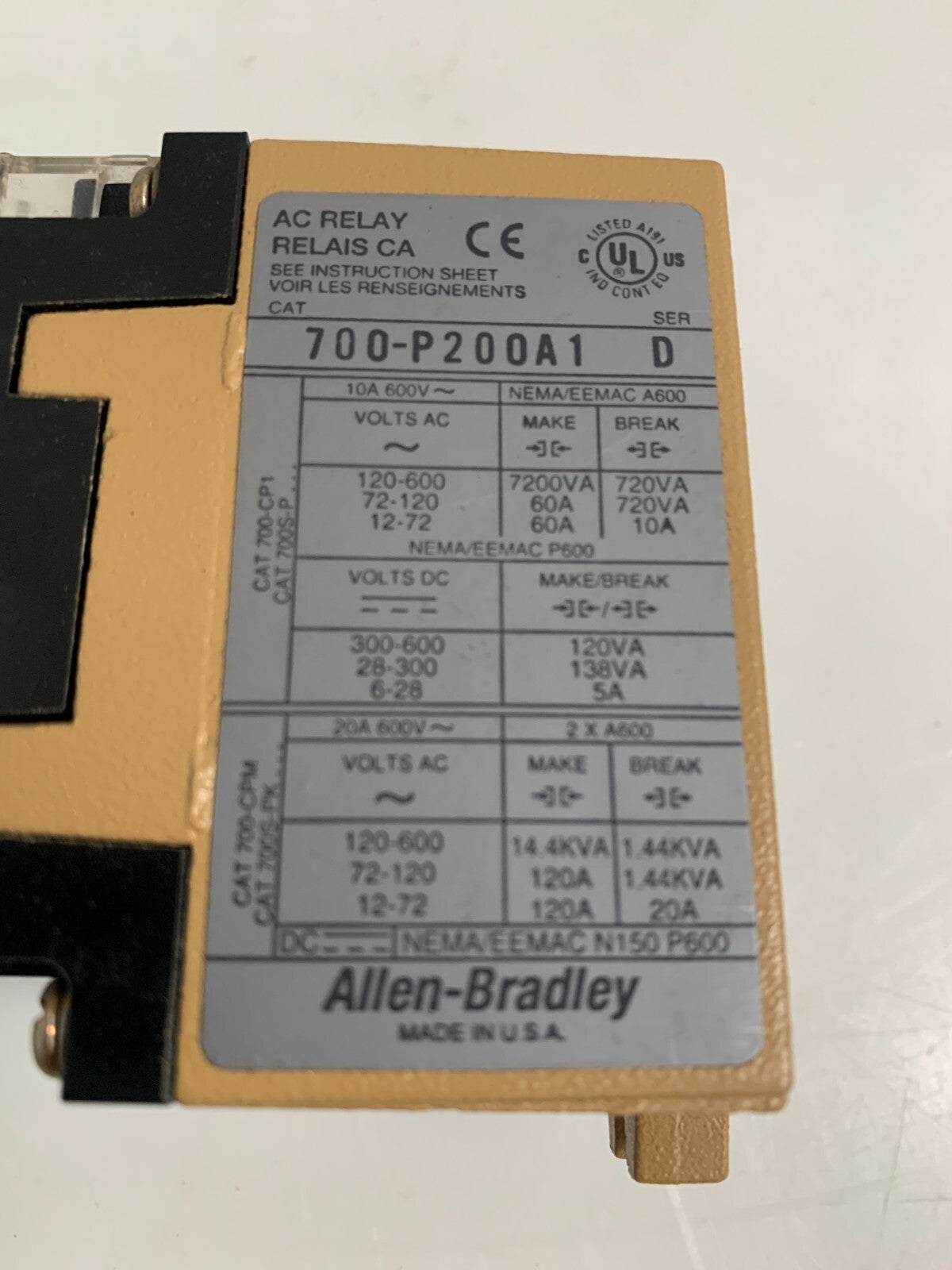 ALLEN BRADLEY AC RELAY 700-P200A12