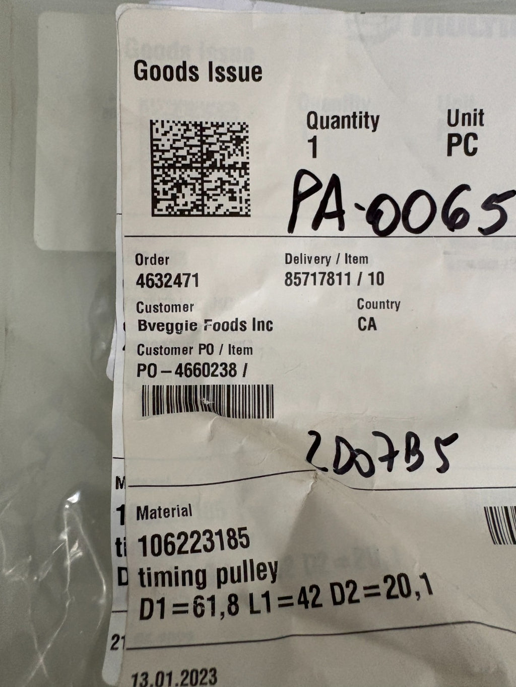 MULTIVAC TIMING PULLEY 106223185