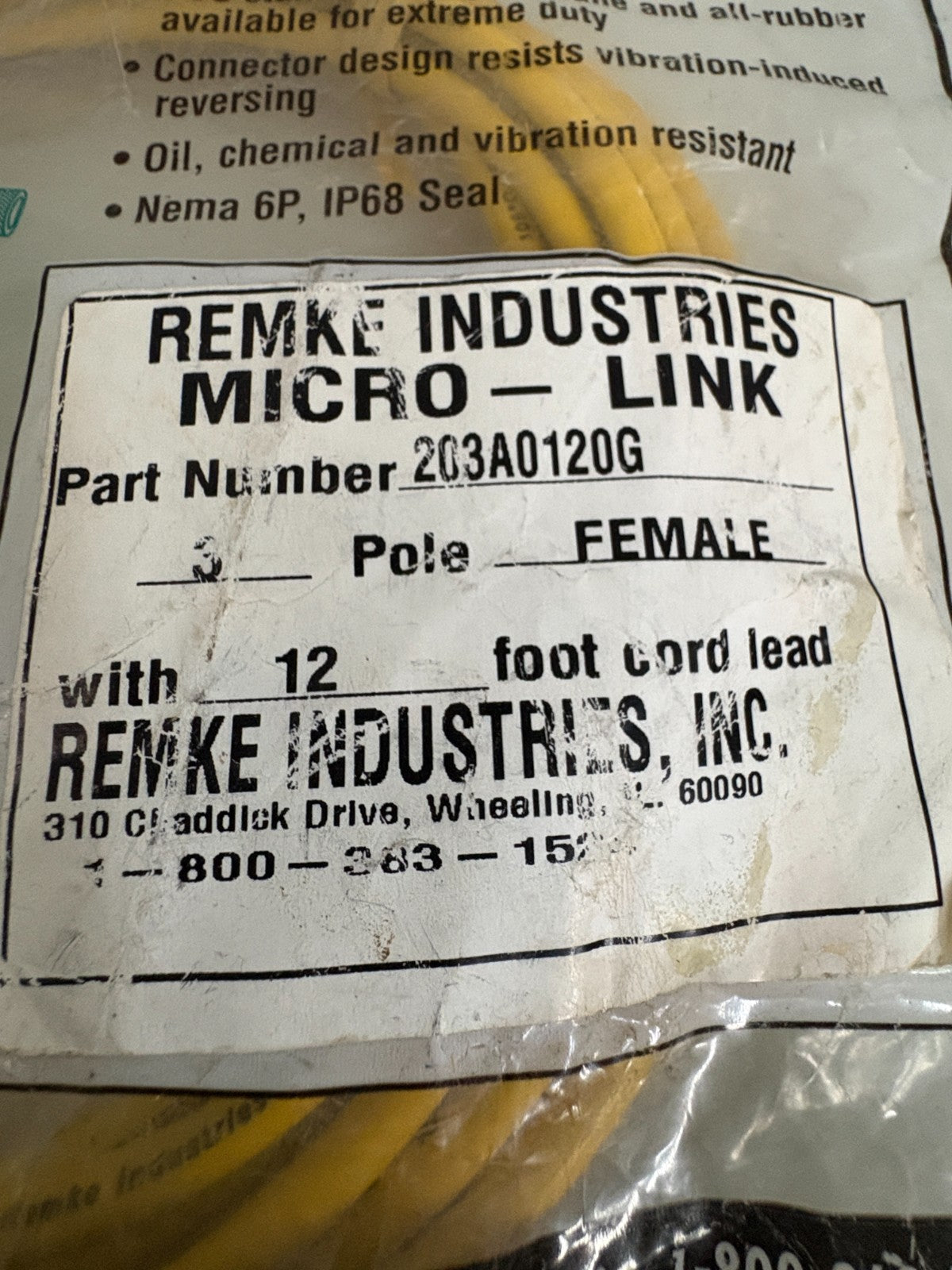 LOT OF 2 REMKE MICRO-LINK 3 POLE FEMALE 12' CORDSET 203A0120G