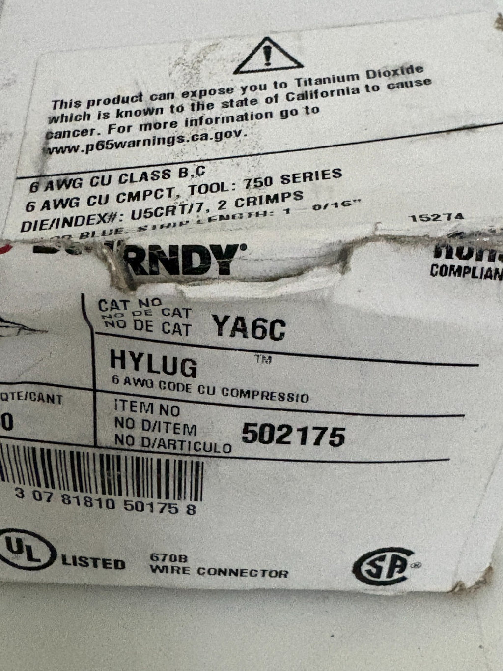 BURNDY HYLUG 6 AWG COMPRESSION LUG YA6C2