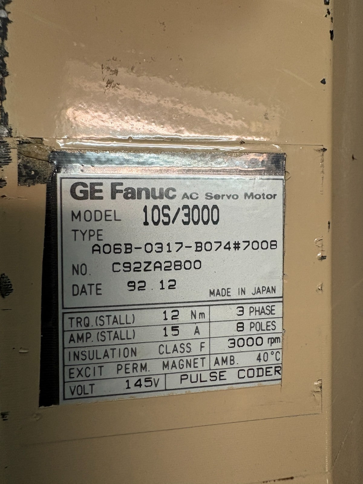GE FANUC AC SERVO MOTOR MODEL 10S/3000 A 06B-0317-B074 #70082