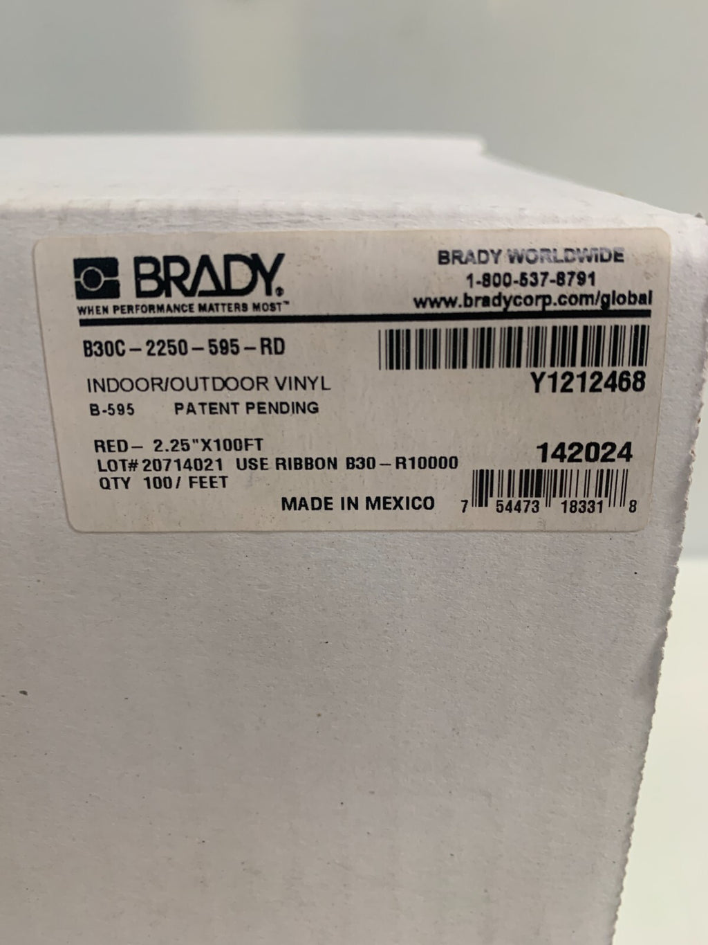 BRADY RED 2.5" X 100' INDOOR/OUTDOOR TAPE B3OC-2250-595-RD