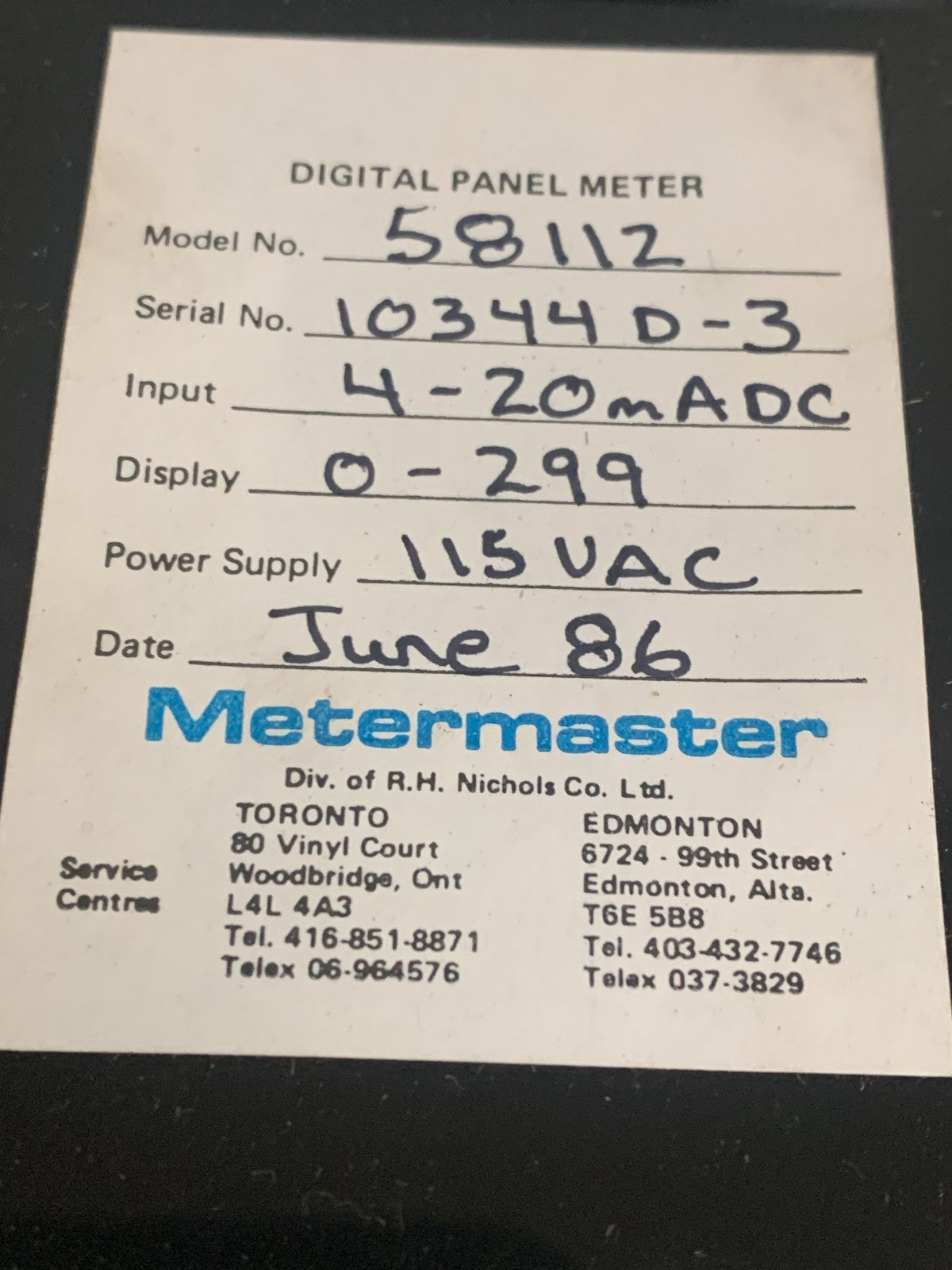 METER MASTER DIGITAL PANEL METER MODEL: 58112