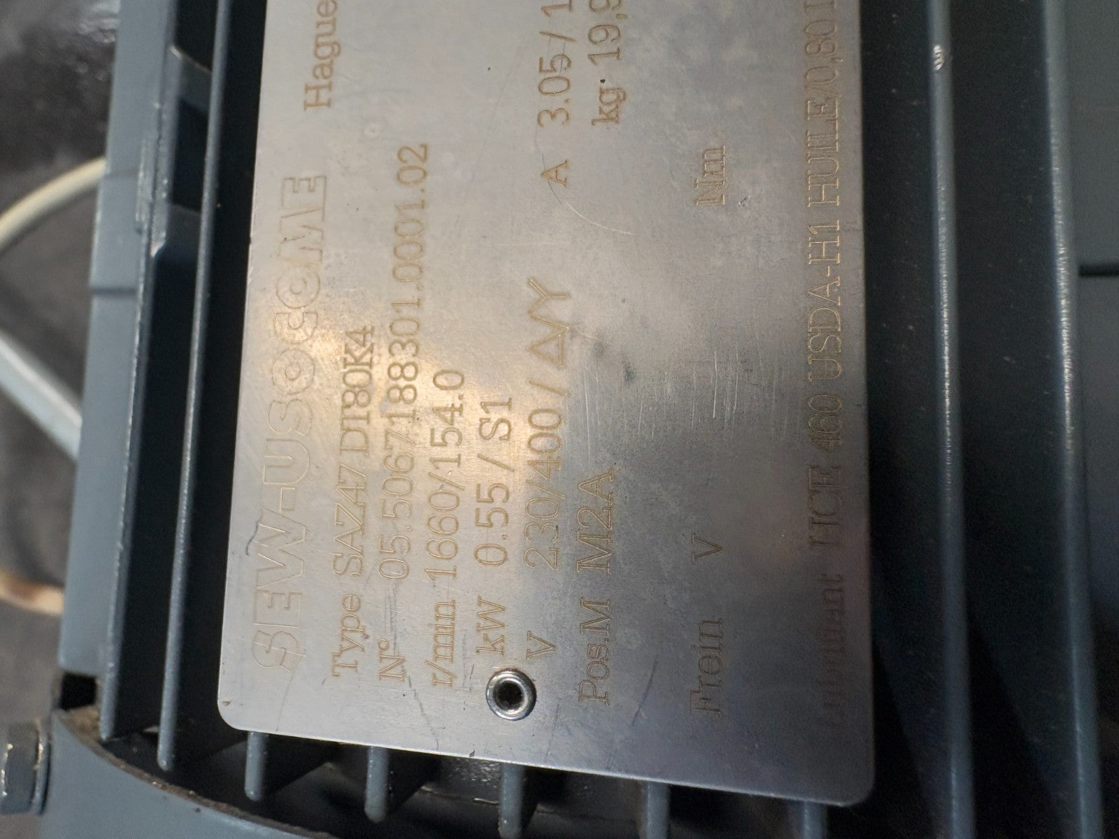 SEW EURODRIVE CONVEYOR MOTOR 11" SAZ47 DT80K4 W/BAUMER ELECT. ENCODER BHF