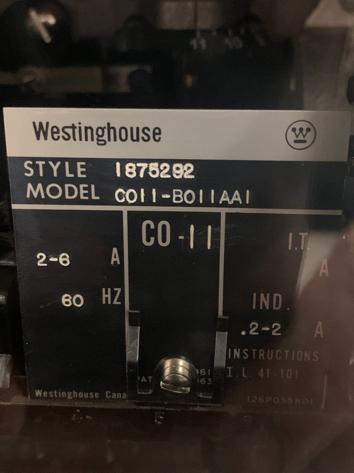 WESTINGHOUSE CO-11 OVERCURRENT RELAY STYLE I875292 MODEL OOII-BOIIAAI