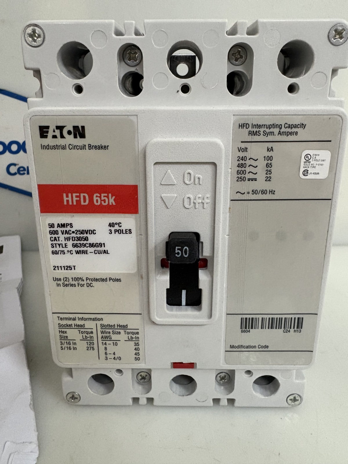 EATON 50 AMP CIRCUIT BREAKER #HFD 65K #HFD3050  STYLE 6639 C86G911