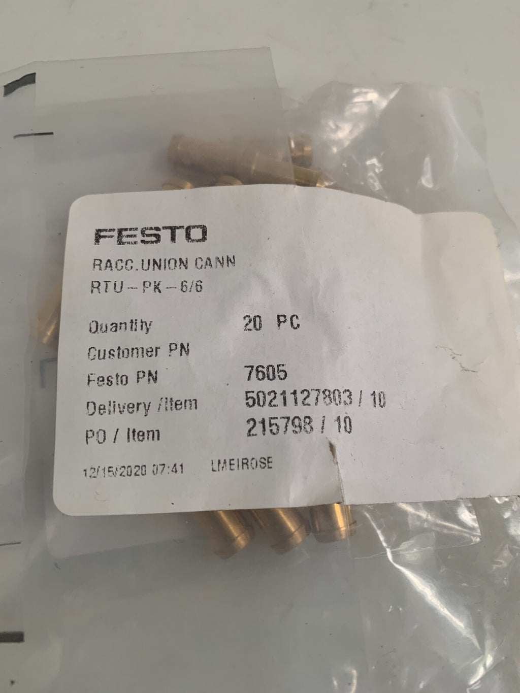 LOT OF 20 NEW FESTO PNEUMATIC TUBING CONNECTOR RTU-PK-6/6 #76052