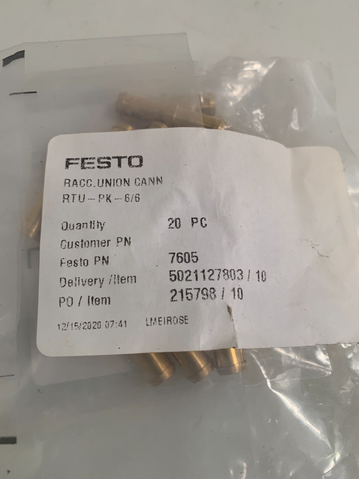 LOT OF 20 NEW FESTO PNEUMATIC TUBING CONNECTOR RTU-PK-6/6 #76052