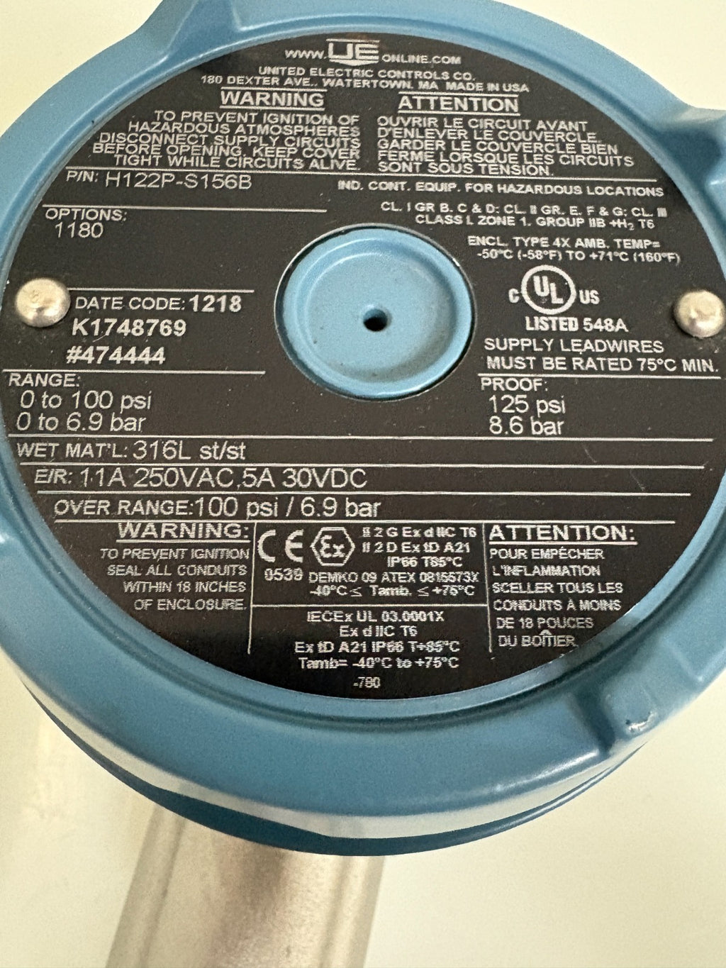 UNITED ELECTRIC PRESSURE SWITCH H122P-S156B