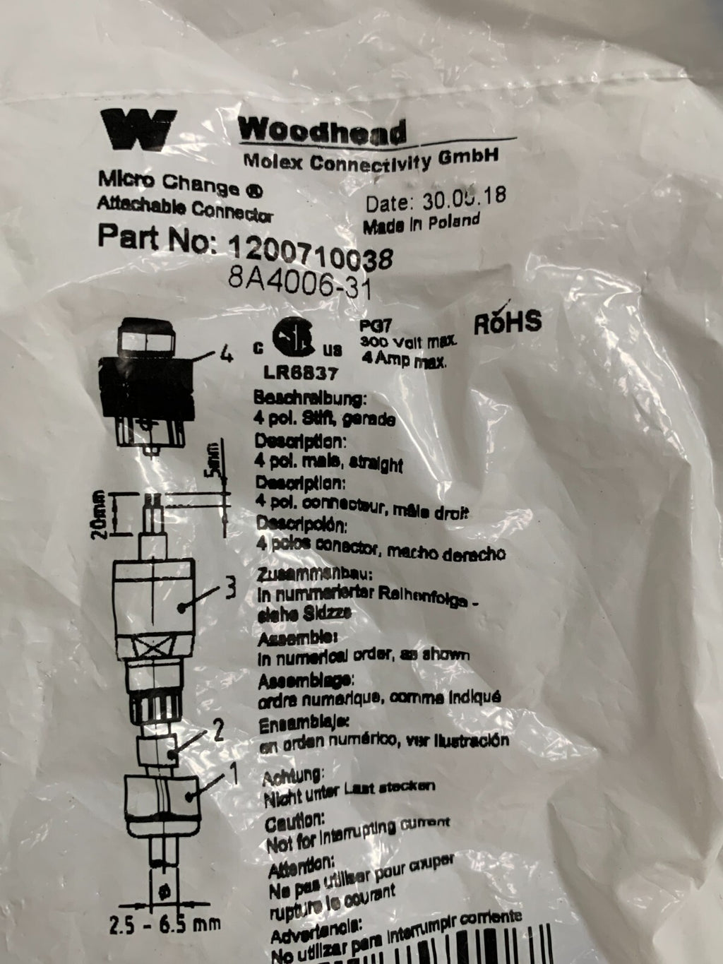 Lot of 2 Woodhead 1200710038 Attachable Connector New in Bag