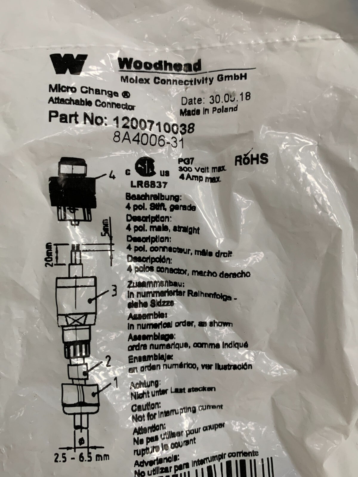 Lot of 2 Woodhead 1200710038 Attachable Connector New in Bag