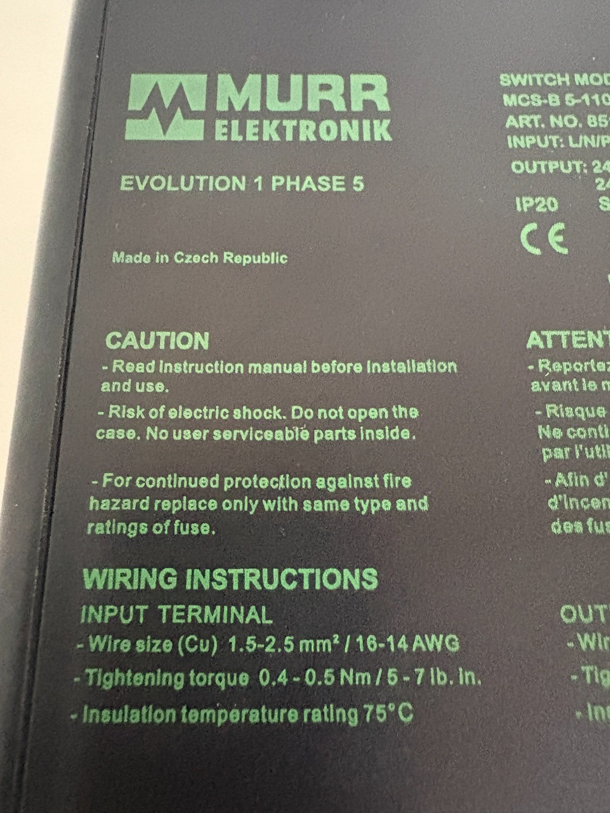 MURR ELEKTRONIK SWITCH MODE POWER SUPPLY MCS-B 5-110-240/24
