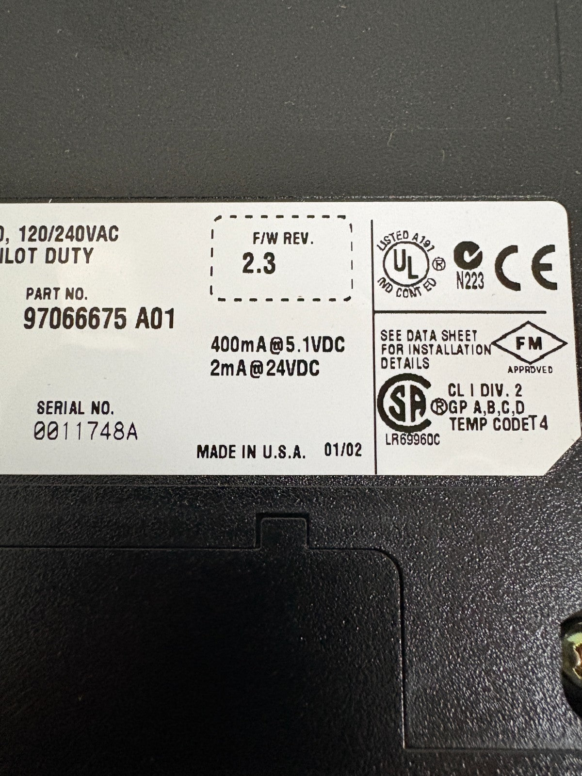 HONEYWELL AC OUTPUT PILOT DUTY TC-ODA161 F01 97066675 A01