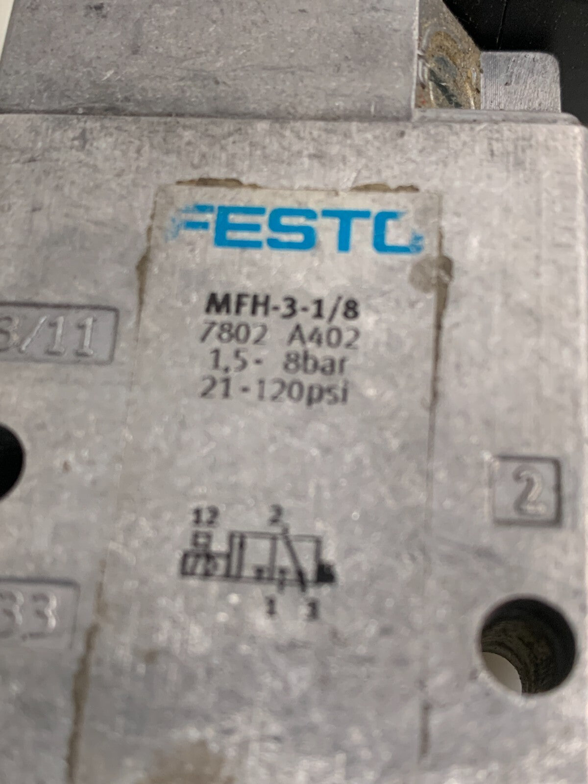 FESTO SOLENOID VALVE W/24VDC COIL SOLENOID VALVE 7802 MFH-3-1/8