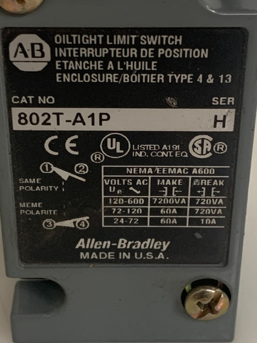 ALLEN BRADLEY OIL TIGHT LIMIT SWITCH 802T-A1P SER H