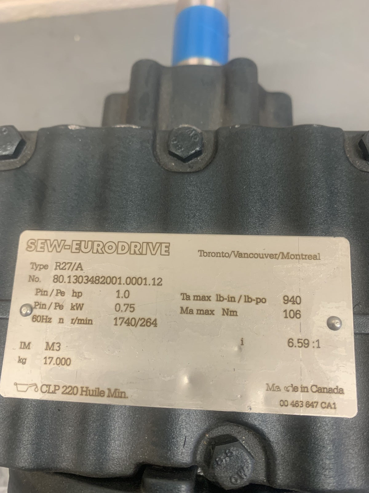 SEW EURODRIVE INVERTER DUTY MOTOR VPWM R27 DRE80M4/RI W/ GEAR BOX R27/71