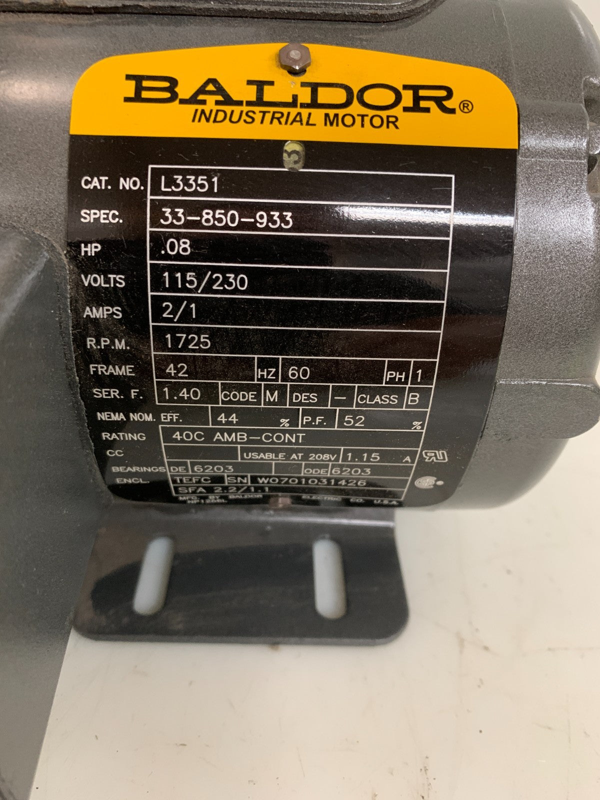 BALDOR INDUSTRIAL MOTOR .8HP 1725 RPM1