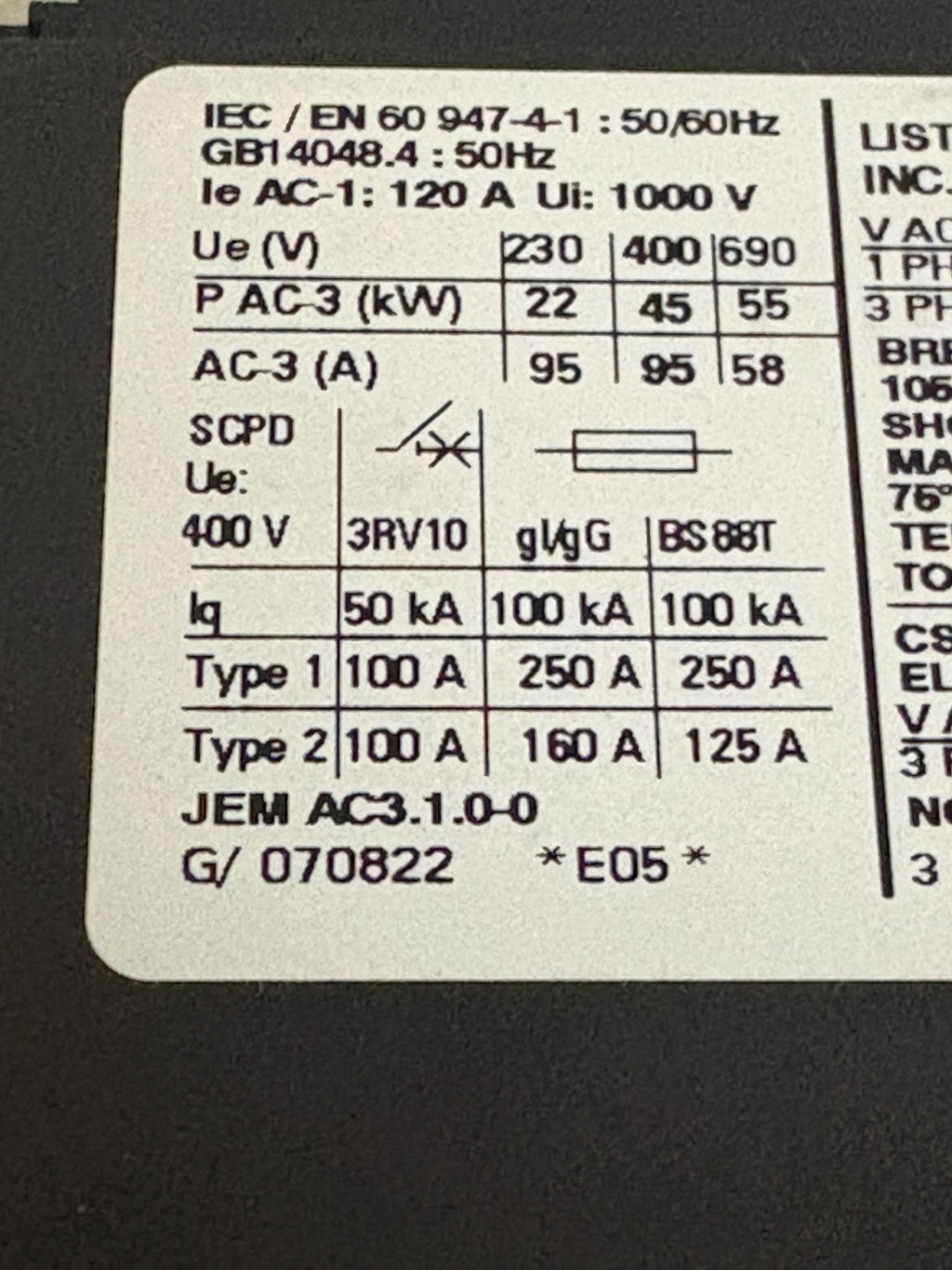 SIEMENS CONTACTOR 3RT1046-1BB40 3