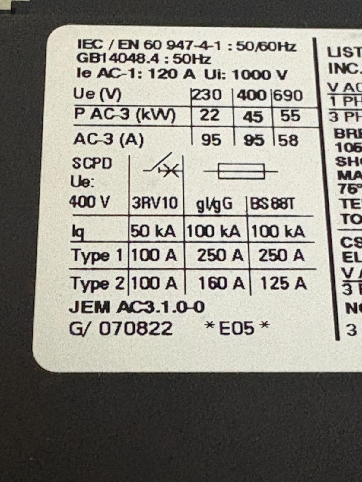 SIEMENS CONTACTOR 3RT1046-1BB40 3