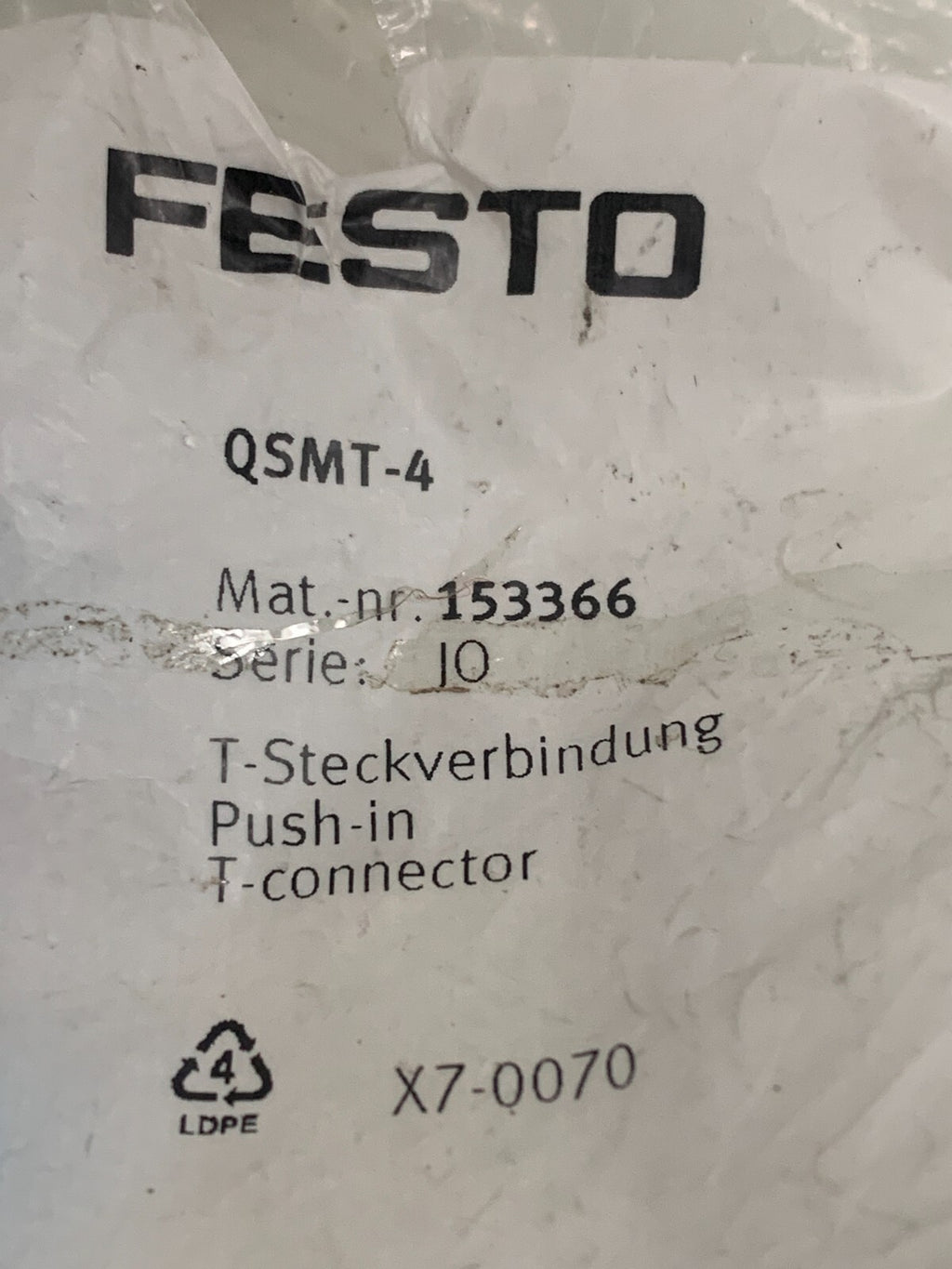 FESTO  Pneumatic Tee Connector Fitting  QSMT-4  153366   (Bag of 7)