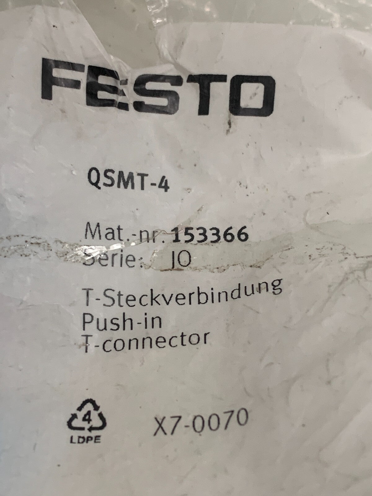 FESTO  Pneumatic Tee Connector Fitting  QSMT-4  153366   (Bag of 7)