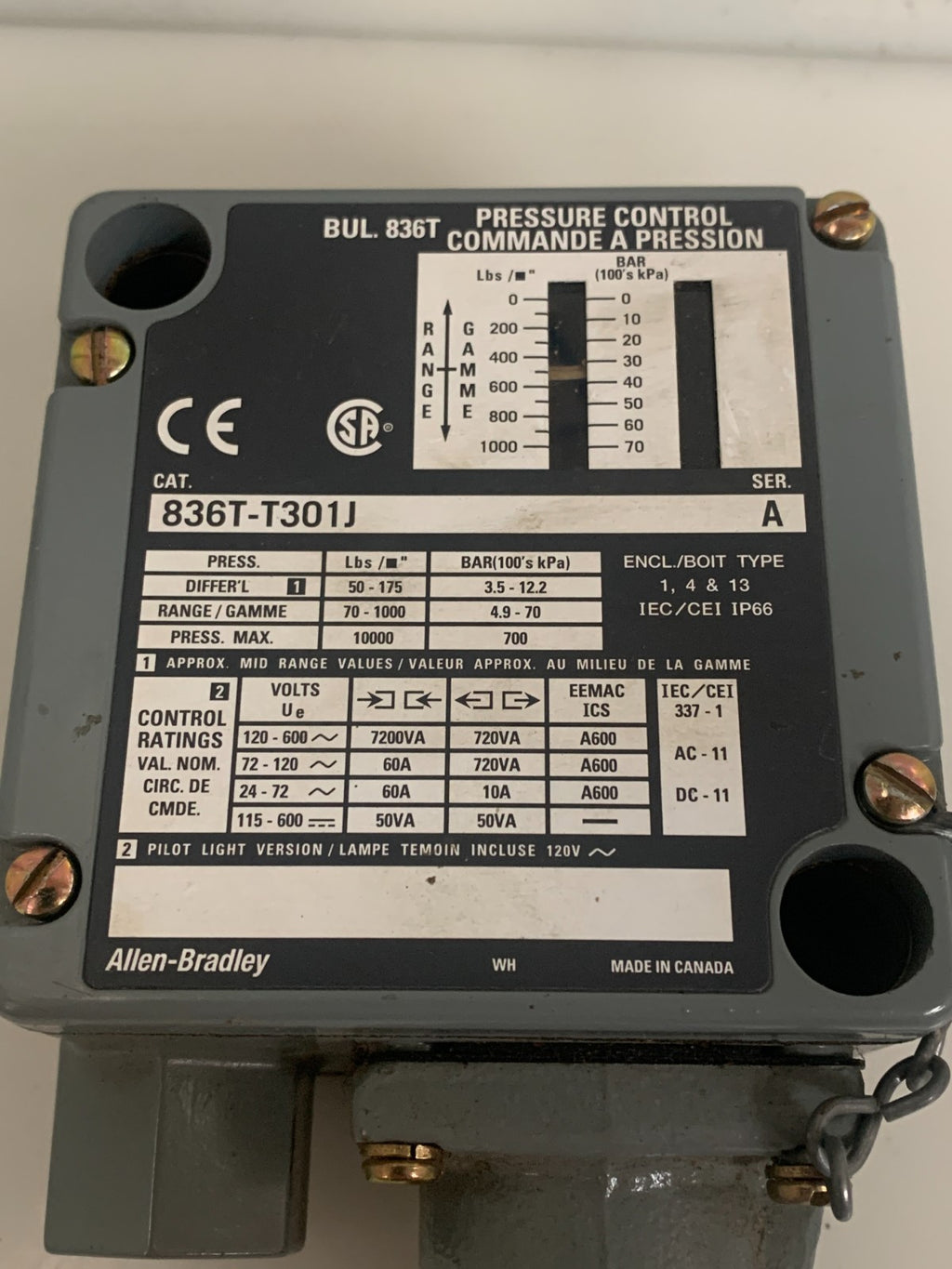 ALLEN BRADLEY PRESSURE CONTROL 836T-T301J1
