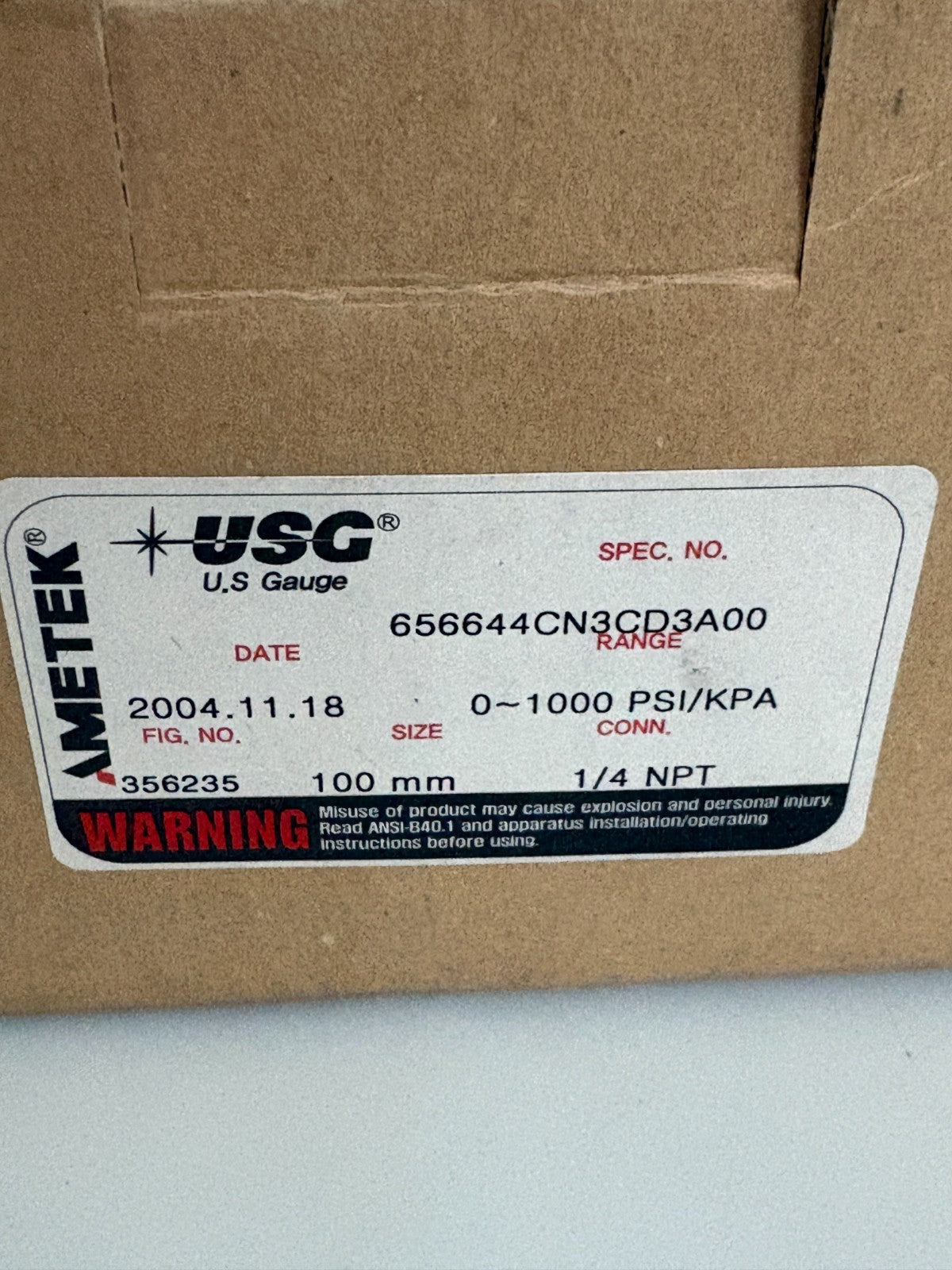 AMETEK USG PRESSURE GAUGE 0-1000PSI 1/4NPT 656644CN3CD3A003