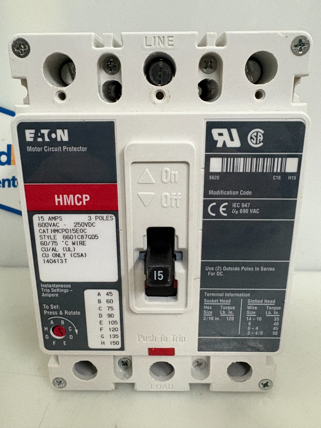 EATON 15 AMPS MOTOR CIRCUIT PROTECTOR HMCP015E0C