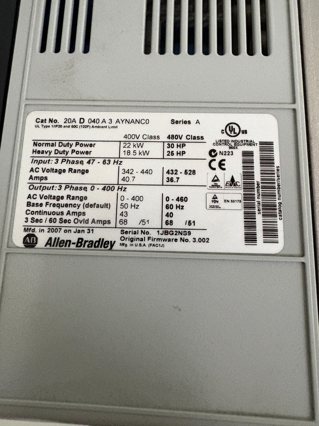 ALLEN BRADLEY POWERFLEX 70 20A D 040 A 3 AYNANCO